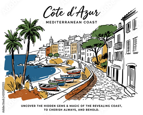 Bild auf Leinwand Cote d'Azur, Mediterranean coast, French Riviera, travel illustration, vintage s