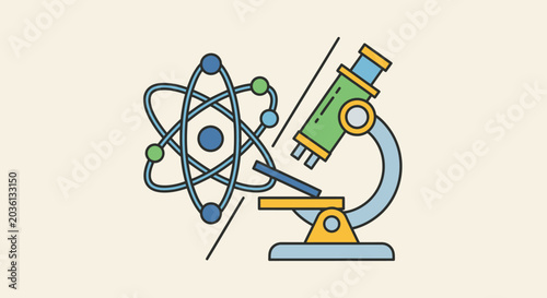 Tableau sur toile Microscope with atom model science tool.