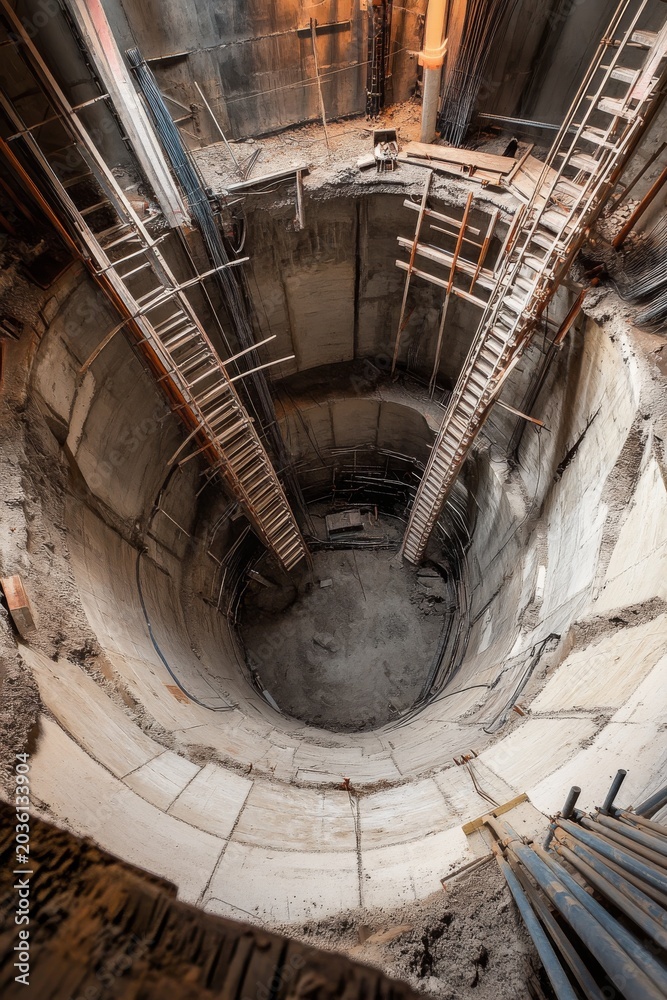Fototapeta premium Construction site shows deep excavation with ladders leading down into the pit in a building project located in an urban area during the day