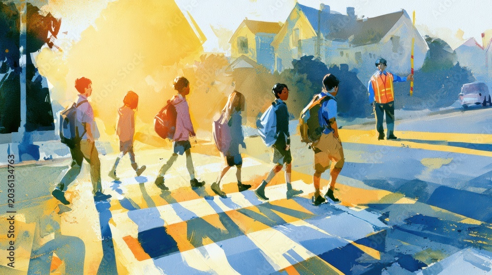Fototapeta premium Children walk across a crosswalk towards school as a crossing guard watches over them in the soft morning light.
