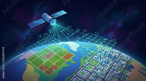 Obraz na płótnie 宇宙の人工衛星から地球の都市や農地へデータを送信するリモートセンシングのコンセプトイラスト