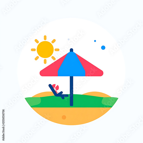 Flat illustration of a beach umbrella, lounge chair, and sun on a sandy shore with green grass, perfect for summer vacation and travel concepts