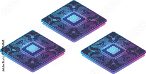 Cyber technology central processing unit illustration collection isolated on white background containing digital microchip square boards for tech hardware branding.