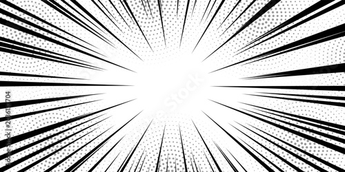 Comic book black and white radial lines background. Manga speed frame. Super hero action. Vector illustration.