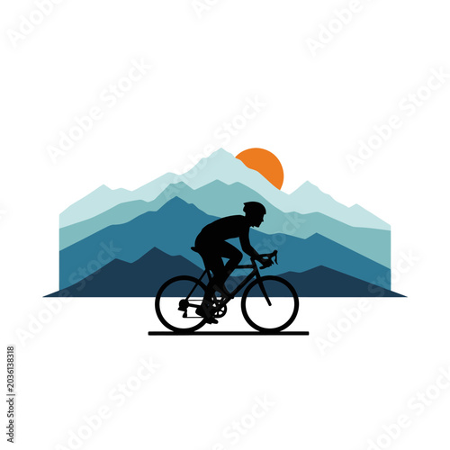 Fotografie Cyclist Silhouette Against Mountain Landscape and Sunset