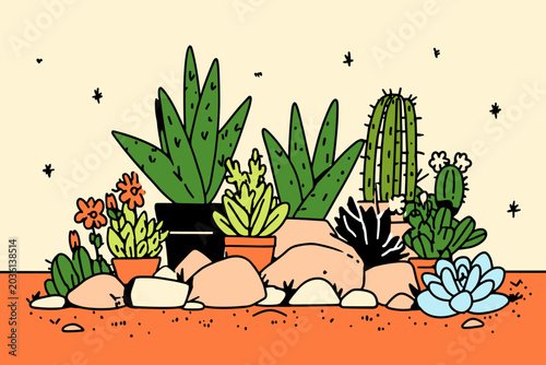 Foto Minimalist Vector Art of Resilient Succulents in a Dry Landscape