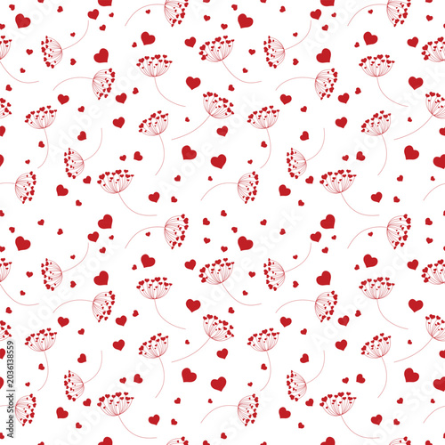 Seamless pattern of dandelion flowers with hearts on isolated background. Design for Valentines Day, Wedding, Mothers day celebration, greeting cards, invitations, scrapbooking, home decoration.