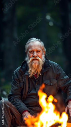 Senior Man Long Mustache Beard Camping