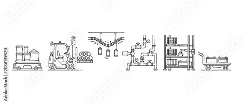 Foto Industrial warehouse automation line art icon set representing smart factory logistics, automated forklift transportation, conveyor belt production, storage racks, and modern manufacturing operations
