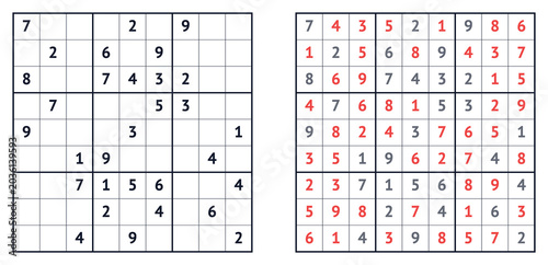 Tableau sur toile Sudoku puzzle with solution displayed on opposing grid