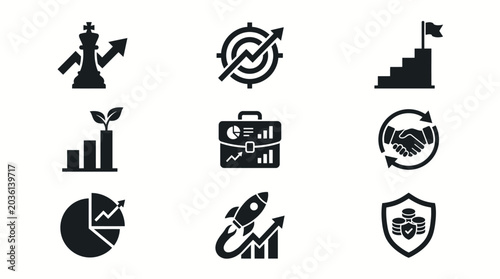 Premium business strategy and growth abstract vector illustration. Interconnected geometric shapes symbolize corporate development, financial success, and market expansion.