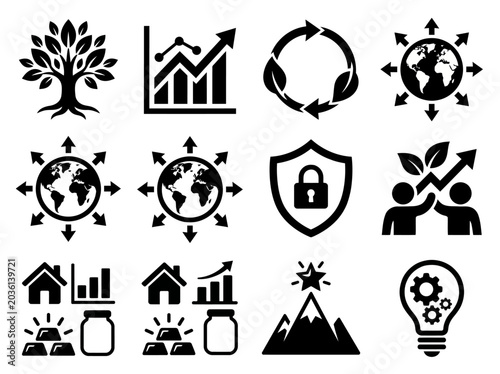 Sustainable wealth and business abstract vector illustration. Dynamic geometric shapes represent interconnected growth, environmental responsibility, and long-term financial success.