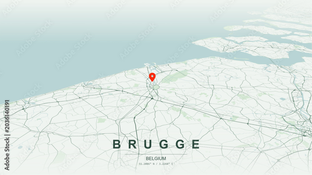 Fototapeta premium Modern minimalist vector map of Bruges (Brugge), Flanders, Belgium. High-quality scalable illustration of Bruges city grid, historic Reien canals, Markt square layout for posters and design.