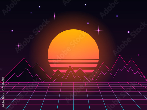 Retro 80s synthwave landscape with neon grid, mountains and glowing sun