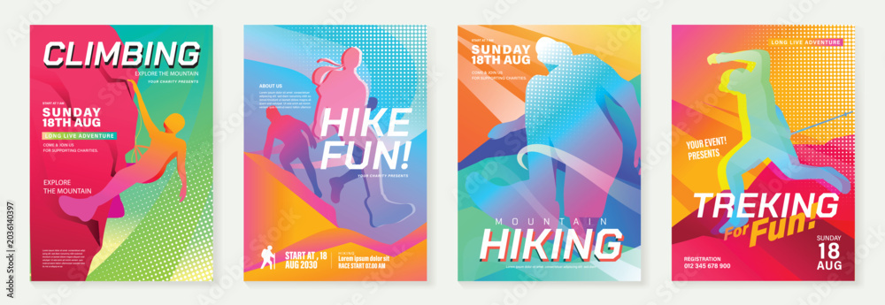 Naklejka premium Rock climbing poster vector set. Colorful indoor sport event flyers with silhouette climbers, abstract geometric holds and modern gradient backgrounds.