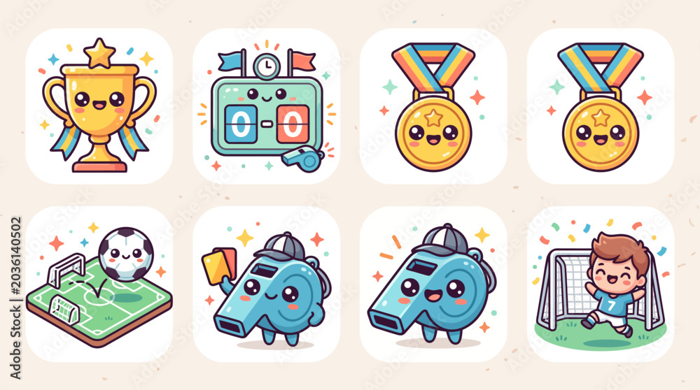Obraz premium Cute soccer championship icon set kawaii football tournament elements vector
