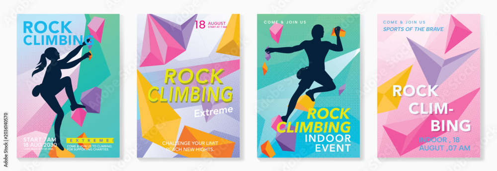 Naklejka premium Rock climbing poster vector set. Colorful indoor sport event flyers with silhouette climbers, abstract geometric holds and modern gradient backgrounds.