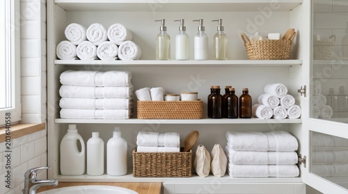 Organized bathroom shelving with rolled towels glass bottles woven baskets and toiletries arranged above sink in clean neutral bathroom