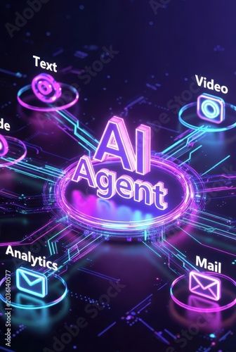 AI Agent concept illustrating artificial intelligence capabilities for business automation, data analytics, and digital communication applications.