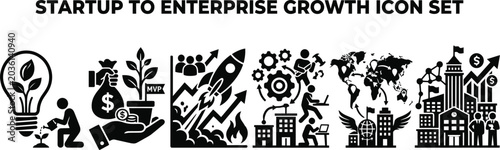 Startup to enterprise growth icon set, business development and scaling vector symbols, corporate success and financial expansion graphics