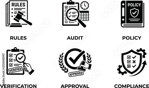 Compliance and audit icon set, business rules and policy verification symbols, corporate approval and regulatory standards vector collection