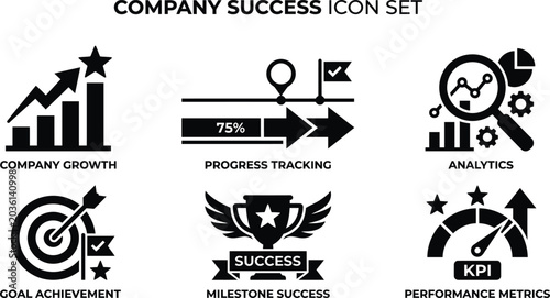 Company success icon set, business growth and progress tracking symbols, analytics and KPI performance metrics vector collection for corporate reports
