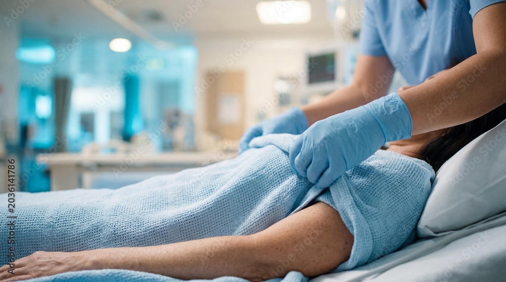 Obraz premium Nurse assisting patient on hospital bed with blue blanket and gloves on