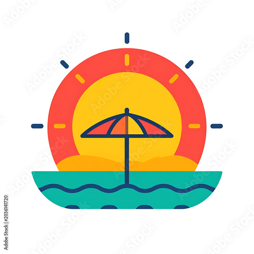 Flat vector illustration of a beach umbrella on the ocean with a large sun setting or rising behind it, depicting a summer vacation or tropical getaway