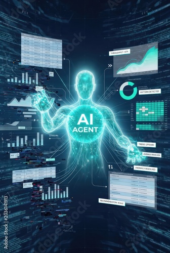 A glowing AI agent presents data analysis and insights, designed for business intelligence, digital transformation, and advanced technology solutions in corporate marketing, 