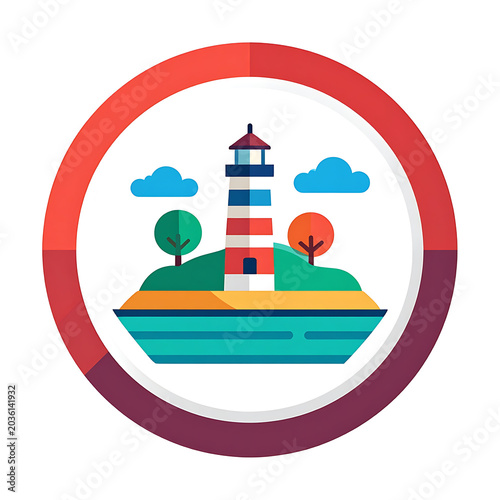 Flat vector illustration of a lighthouse on a small island with trees and clouds, guiding ships at sea, navigation safety, coastal landmark