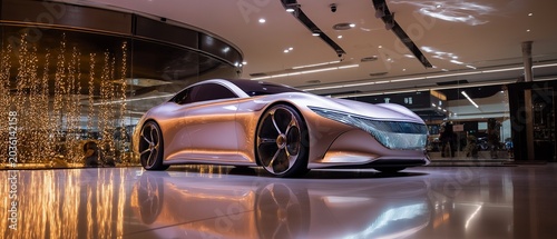 A futuristic luxury vehicle with a chic appearance and tasteful lighting is on exhibit in a dealership.