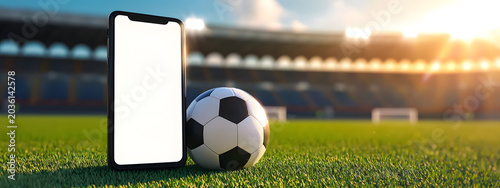 A smartphone with a white screen mockup, near a football ball on the grass of a football field, against the backdrop of stadium stands and a clear sky