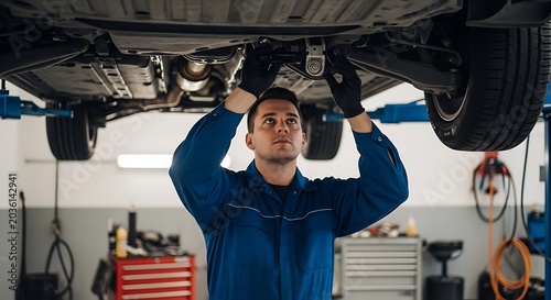 Male mechanic inspecting car underside in blue uniform at auto repair shop