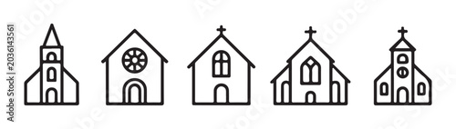 Schilderij op canvas Set of church line icons, various styles of religious buildings with cross symbol