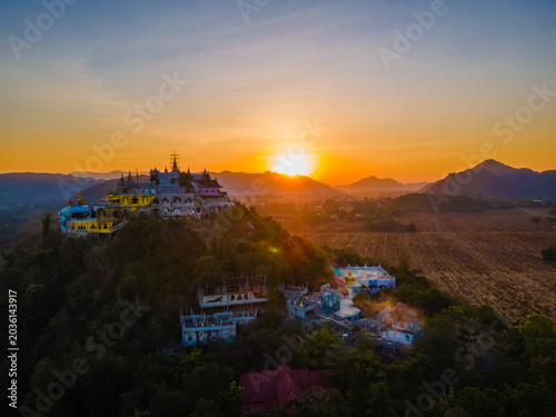 Landscape of Temple on the mountain at Simalai Songtham Temple in Khao Yai, Pak Chong, Nakhon Ratchasima, Thailand in sunset time
