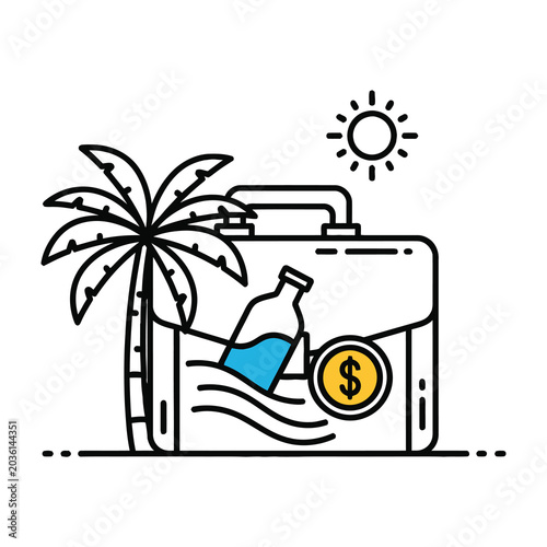 Suitcase with sun, palm tree, and money for vacation