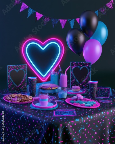 Bright and colorful birthday party table with neon heart decorations and tasty treats