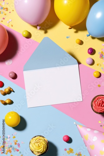 Colorful birthday invitation mockup scene with decorations and sweet treats