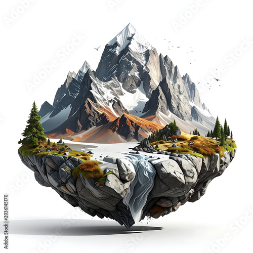 Floating island landscape with snow-capped mountains, waterfall, and pine trees, autumn foliage, rocky terrain, a serene natural world