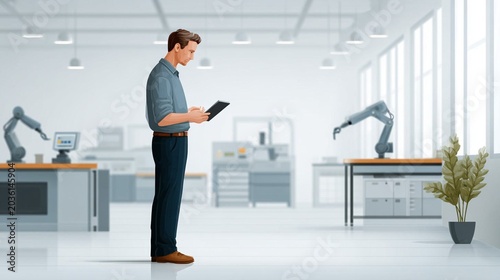 High tech factory interior with robotic assembly line and worker using digital control panel, cinematic Industry 4.0 scene