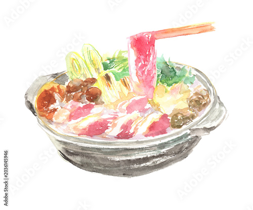 Duck meat held with chopsticks and duck hot pot watercolor illustration transparent background