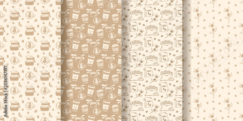 Foto Set of seamless beige patterns with coffee theme