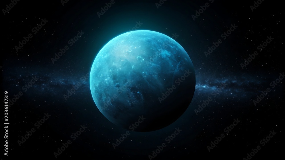 Obraz premium Minimalist abstract background featuring a soft diffuse blue planet glowing in the deep dark starry space