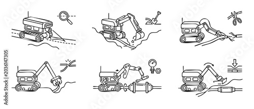 Trenchless Utility Robot Excavator Icons Set for Underground Pipe Cable Repair Maintenance Operations Line Art Vector Illustration showing digging, cutting, gripping, and connecting processes.