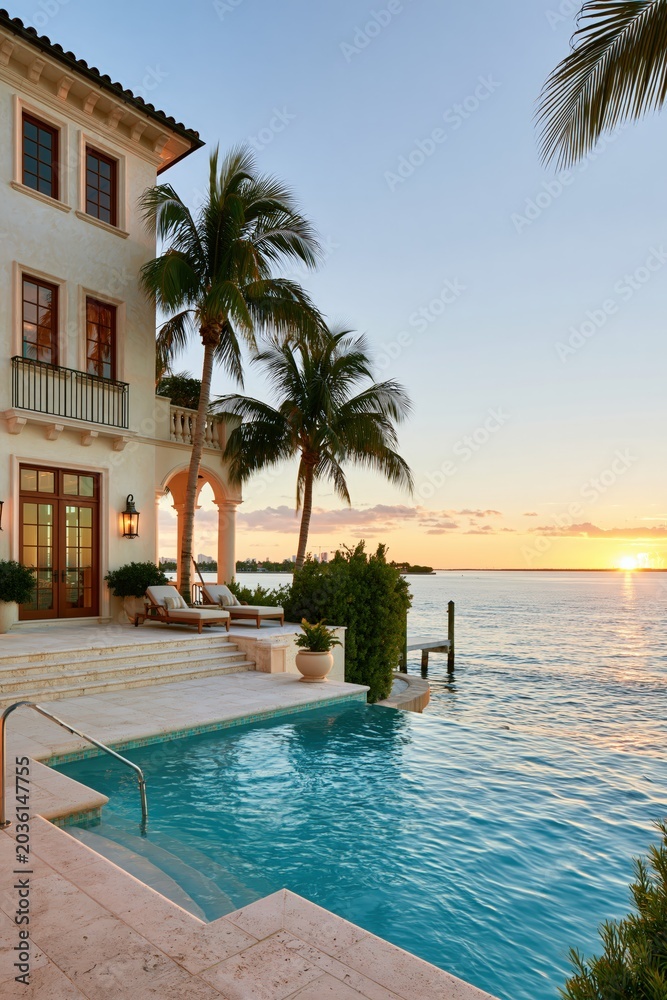 Fototapeta premium Luxury villa exterior with infinity pool overlooking ocean and sunset, tropical miami lifestyle