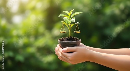 Hands holding small potted plant with golden balance scales on green leaves