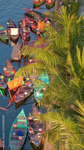 Aerial panoramic view of Hoi An city, Da Nang province, Vietnam. Panoramic footage of Hoian ancient town, UNESCO world heritage. One of the most travel popular touristic destinations 
