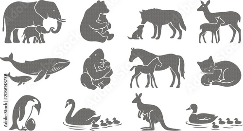 Photos Animal Families and Parent with Baby Icons Set with Gray Silhouette Signs on Whi