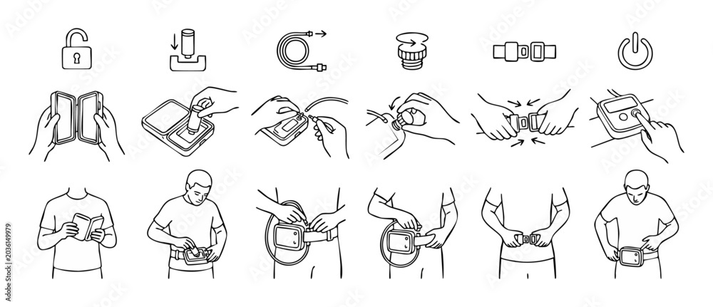 Obraz premium Medical device user guide instructions showing step-by-step setup process of wearable health monitor or insulin pump with line icons, hand gestures, and belt fastening diagrams in minimal black line a