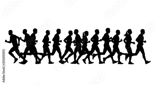 Schilderij op canvas Group of People Running Silhouette Isolated on White